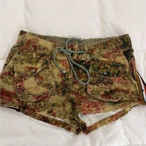 Free People Waima slouch  Olive Floral Cargo Shorts with Rust Accents